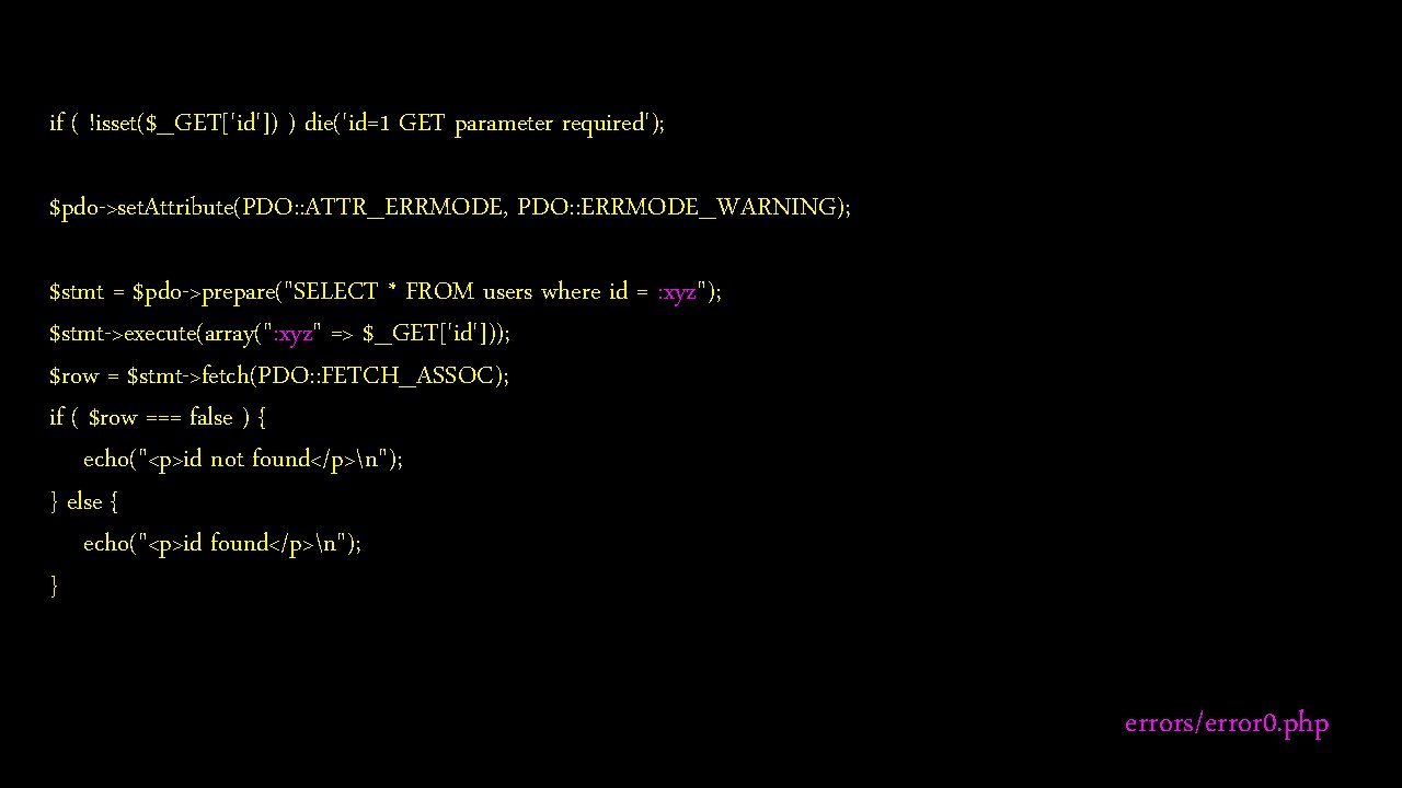 if ( !isset($_GET['id']) ) die('id=1 GET parameter required'); $pdo->set. Attribute(PDO: : ATTR_ERRMODE, PDO: :