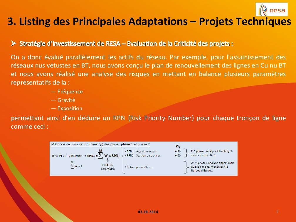 3. Listing des Principales Adaptations – Projets Techniques Ø Stratégie d’investissement de RESA –