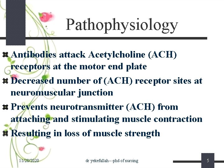Pathophysiology Antibodies attack Acetylcholine (ACH) receptors at the motor end plate Decreased number of