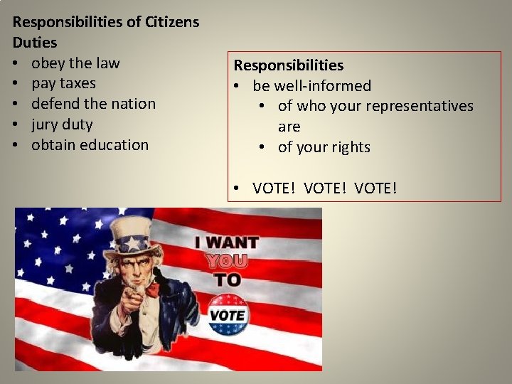 Responsibilities of Citizens Duties • obey the law • pay taxes • defend the
