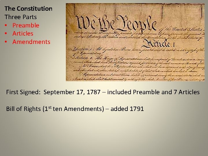 The Constitution Three Parts • Preamble • Articles • Amendments First Signed: September 17,