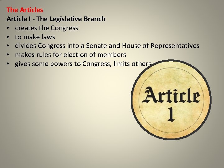 The Articles Article I - The Legislative Branch • creates the Congress • to