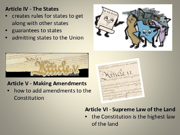 Article IV - The States • creates rules for states to get along with