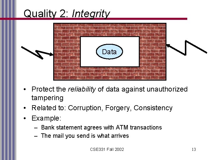 Quality 2: Integrity Data • Protect the reliability of data against unauthorized tampering •