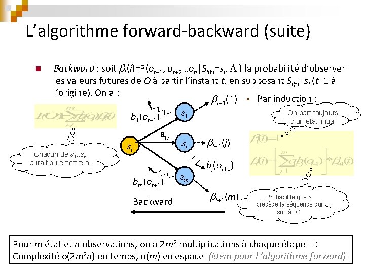 L’algorithme forward-backward (suite) n Backward : soit t(i)=P(ot+1, ot+2…on|Si(t)=si, ) la probabilité d’observer les