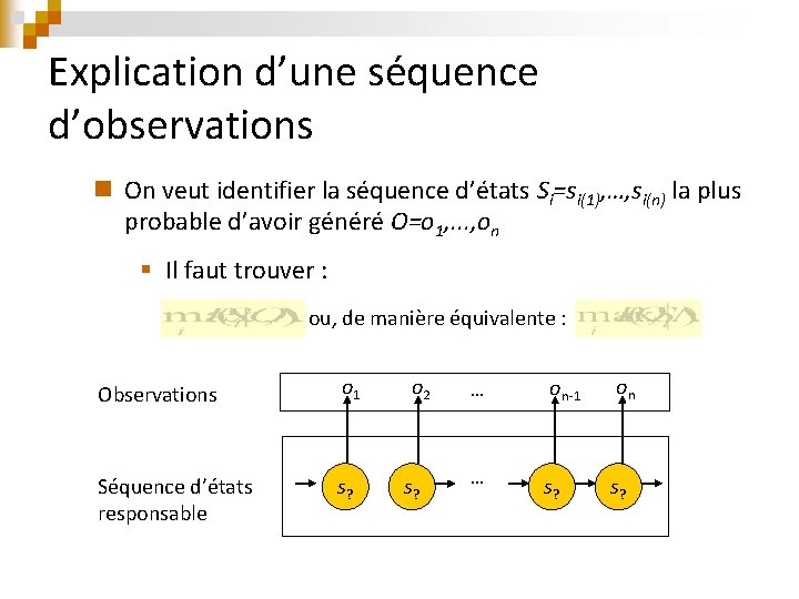 Explication d’une séquence d’observations n On veut identifier la séquence d’états Si=si(1), …, si(n)