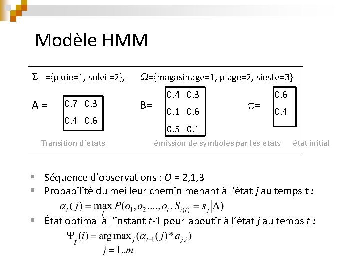  Modèle HMM ={pluie=1, soleil=2}, ={magasinage=1, plage=2, sieste=3} A = 0. 7 0. 3