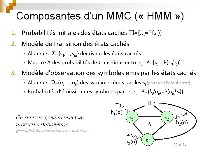Composantes d’un MMC ( « HMM » ) 1. Probabilités initiales des états cachés