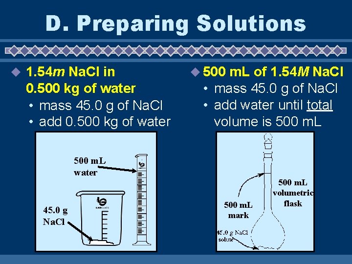 D. Preparing Solutions u 1. 54 m Na. Cl in 0. 500 kg of