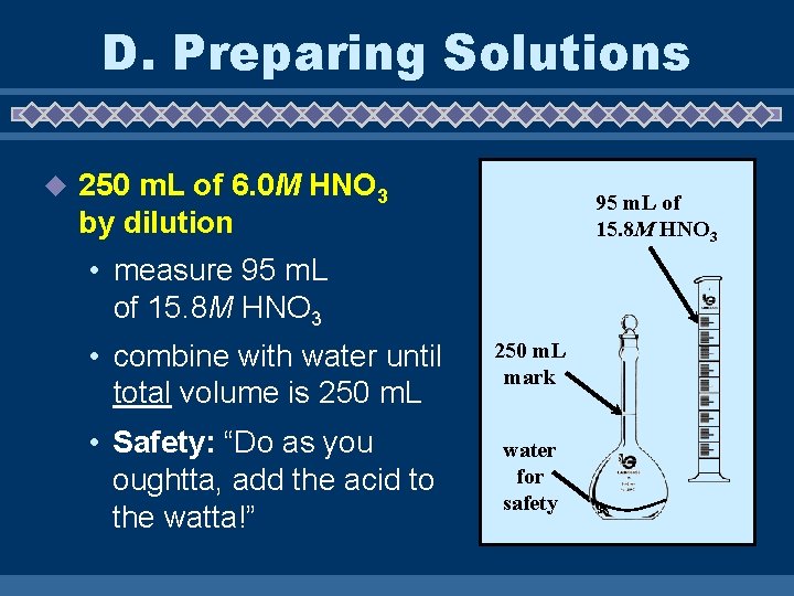 D. Preparing Solutions u 250 m. L of 6. 0 M HNO 3 by D. Preparing Solutions u 250 m. L of 6. 0 M HNO 3 by