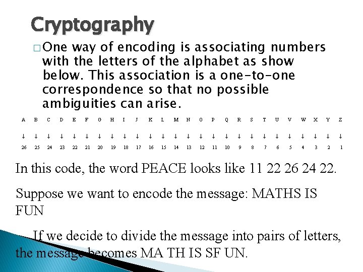 Cryptography � One way of encoding is associating numbers with the letters of the