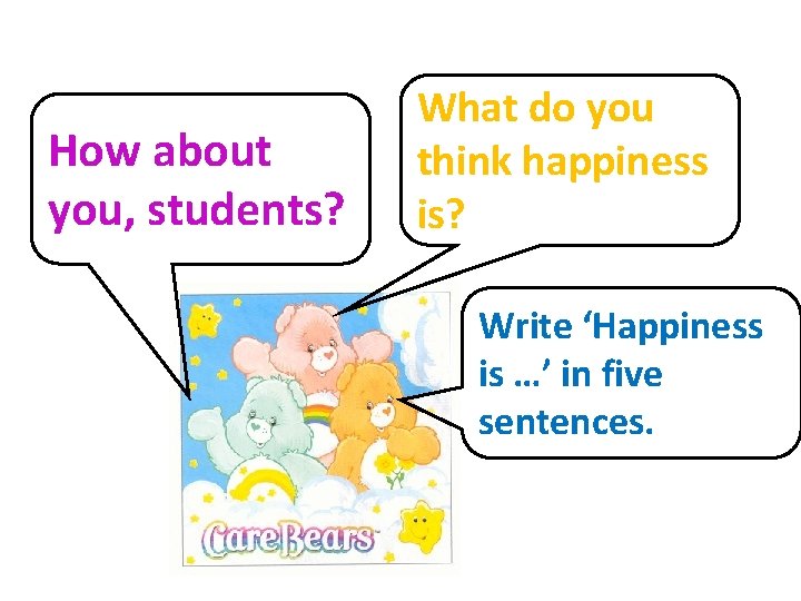 How about you, students? What do you think happiness is? Write ‘Happiness is …’