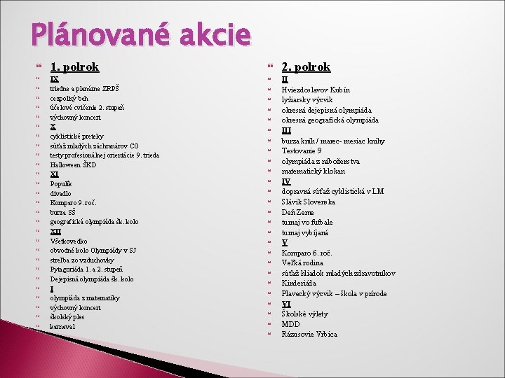 Plánované akcie 1. polrok IX triedne a plenárne ZRPŠ cezpoľný beh účelové cvičenie 2.