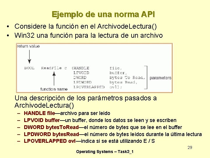 Ejemplo de una norma API • Considere la función en el Archivode. Lectura() •