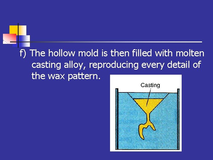 f) The hollow mold is then filled with molten casting alloy, reproducing every detail