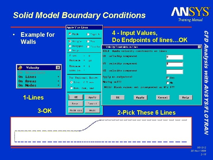 Solid Model Boundary Conditions 4 - Input Values, Do Endpoints of lines…OK 1 -Lines