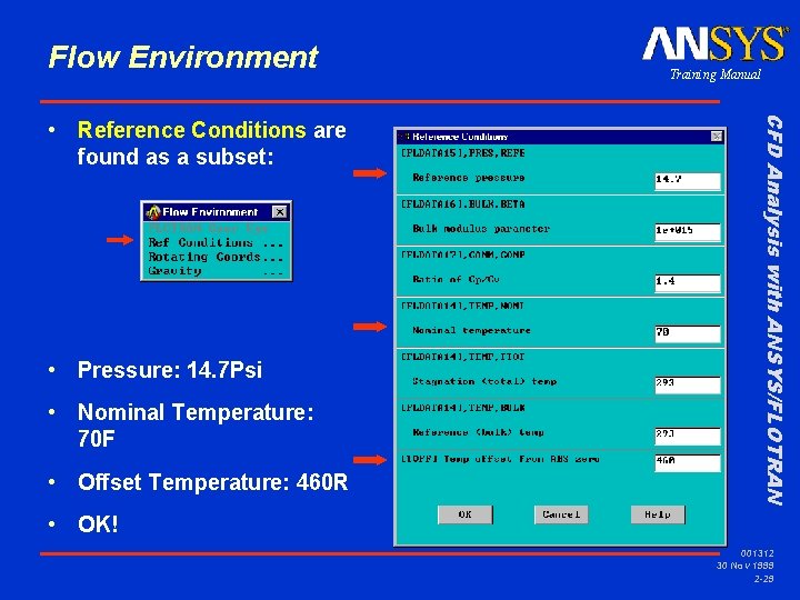 Flow Environment • Pressure: 14. 7 Psi • Nominal Temperature: 70 F • Offset