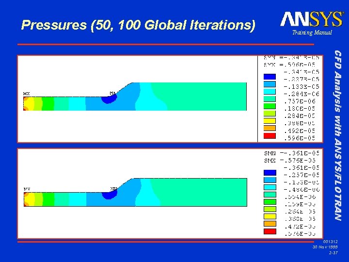 Pressures (50, 100 Global Iterations) Training Manual CFD Analysis with ANSYS/FLOTRAN 001312 30 Nov