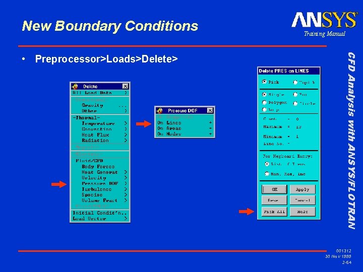 New Boundary Conditions CFD Analysis with ANSYS/FLOTRAN • Preprocessor>Loads>Delete> Training Manual 001312 30 Nov