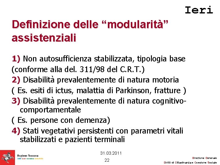 Ieri Definizione delle “modularità” assistenziali 1) Non autosufficienza stabilizzata, tipologia base (conforme alla del.