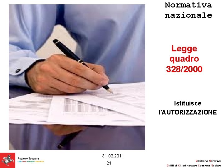 Normativa nazionale Legge quadro 328/2000 Istituisce l'AUTORIZZAZIONE 31. 03. 2011 24 Direzione Generale Diritti