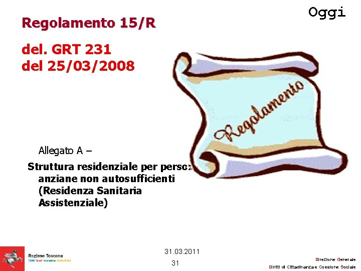 Oggi Regolamento 15/R del. GRT 231 del 25/03/2008 Allegato A – Struttura residenziale persone