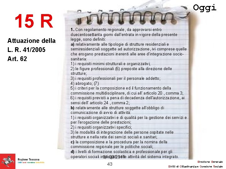 15 R Attuazione della L. R. 41/2005 Art. 62 Oggi 1. Con regolamento regionale,