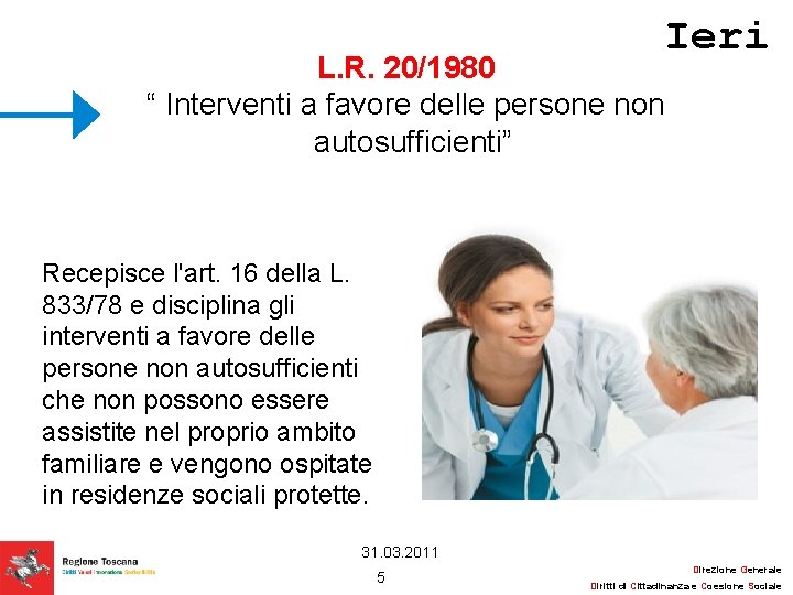 Ieri L. R. 20/1980 “ Interventi a favore delle persone non autosufficienti” Recepisce l'art.