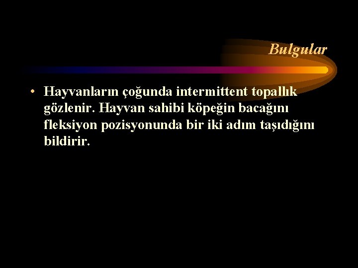 Bulgular • Hayvanların çoğunda intermittent topallık gözlenir. Hayvan sahibi köpeğin bacağını fleksiyon pozisyonunda bir