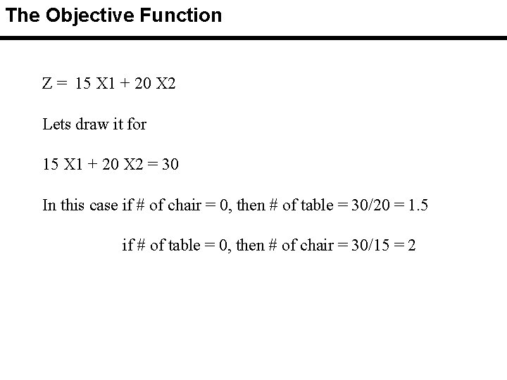 The Objective Function Z = 15 X 1 + 20 X 2 Lets draw