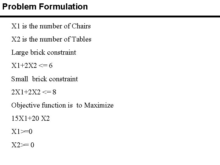 Problem Formulation X 1 is the number of Chairs X 2 is the number