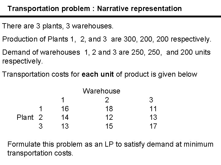 Transportation problem : Narrative representation There are 3 plants, 3 warehouses. Production of Plants