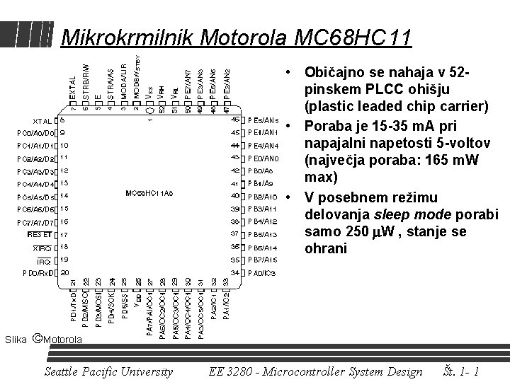 Mikrokrmilnik Motorola MC 68 HC 11 • Običajno se nahaja v 52 pinskem PLCC