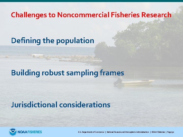 Challenges to Noncommercial Fisheries Research Defining the population Building robust sampling frames Jurisdictional considerations