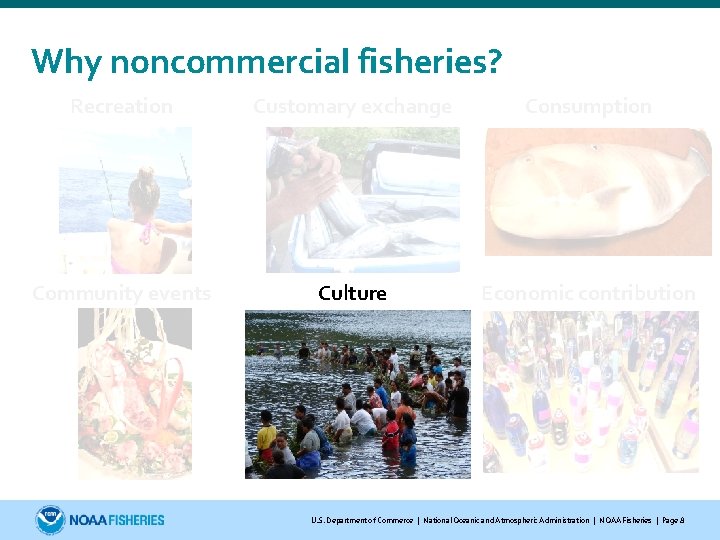 Why noncommercial fisheries? Recreation Customary exchange Consumption Community events Culture Economic contribution U. S.