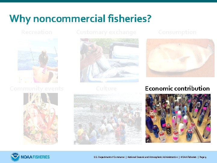 Why noncommercial fisheries? Recreation Customary exchange Consumption Community events Culture Economic contribution U. S.