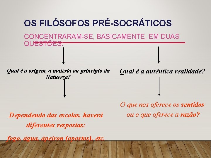 OS FILÓSOFOS PRÉ-SOCRÁTICOS CONCENTRARAM-SE, BASICAMENTE, EM DUAS QUESTÕES: Qual é a origem, a matéria