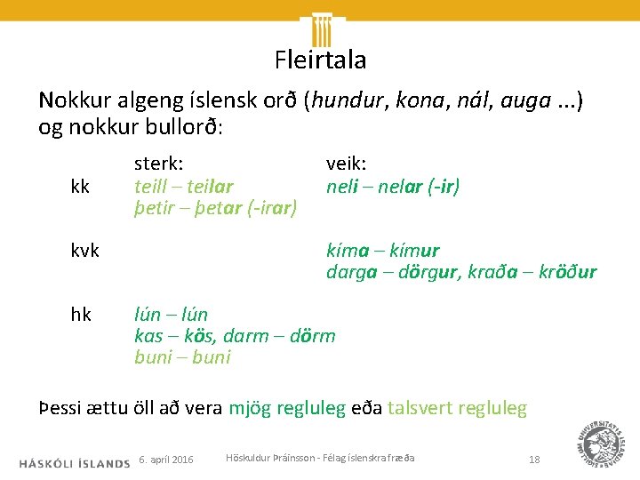 Fleirtala Nokkur algeng íslensk orð (hundur, kona, nál, auga. . . ) og nokkur