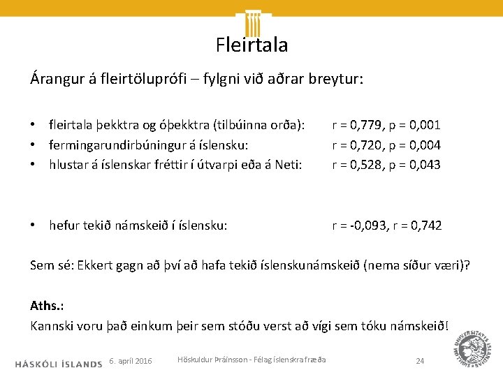 Fleirtala Árangur á fleirtöluprófi – fylgni við aðrar breytur: • fleirtala þekktra og óþekktra