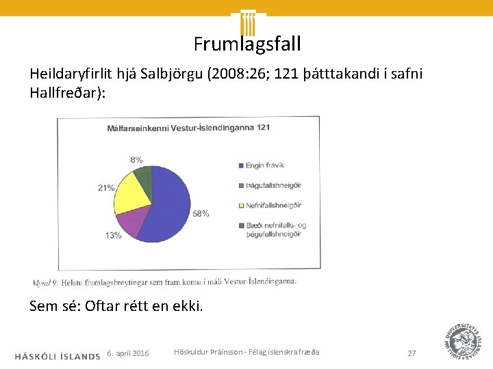 Frumlagsfall Heildaryfirlit hjá Salbjörgu (2008: 26; 121 þátttakandi í safni Hallfreðar): Sem sé: Oftar