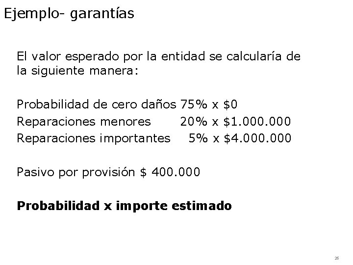 Ejemplo- garantías El valor esperado por la entidad se calcularía de la siguiente manera: