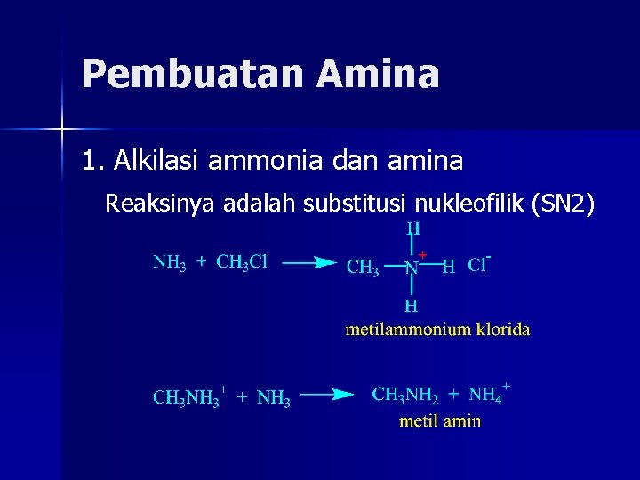 Pembuatan Amina 1. Alkilasi ammonia dan amina Reaksinya adalah substitusi nukleofilik (SN 2) 