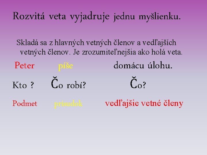 Rozvitá veta vyjadruje jednu myšlienku. Skladá sa z hlavných vetných členov a vedľajších vetných