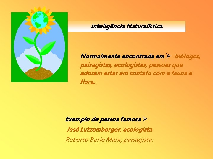 Inteligência Naturalística Normalmente encontrada em biólogos, paisagistas, ecologistas, pessoas que adoram estar em contato