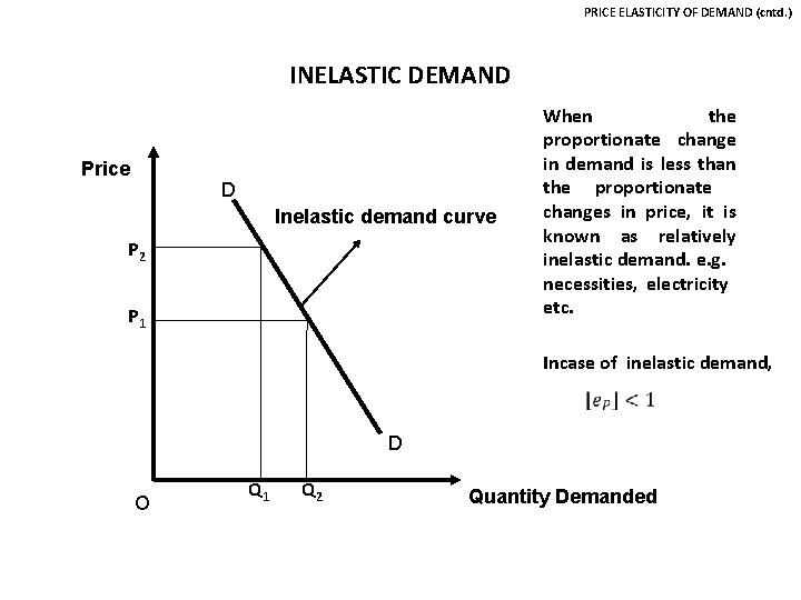 PRICE ELASTICITY OF DEMAND (cntd. ) INELASTIC DEMAND Price D Inelastic demand curve P