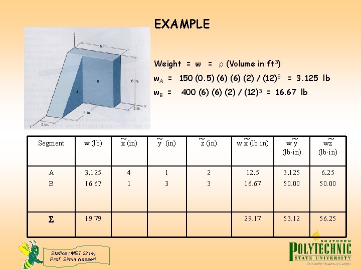 EXAMPLE Weight = w = (Volume in ft 3) w. A = 150 (0.