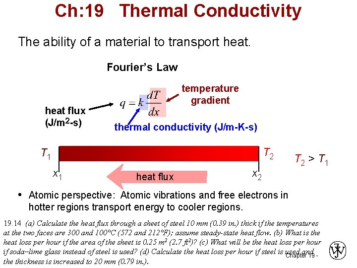 Ch: 19 Thermal Conductivity The ability of a material to transport heat. Fourier’s Law