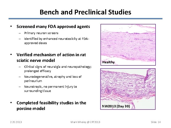 Bench and Preclinical Studies • Screened many FDA approved agents – Primary neuron screens