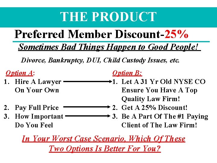 THE PRODUCT Preferred Member Discount-25% Sometimes Bad Things Happen to Good People! Divorce, Bankruptcy,