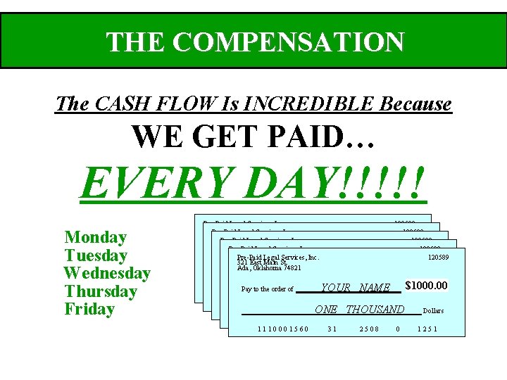 THE COMPENSATION The CASH FLOW Is INCREDIBLE Because WE GET PAID… EVERY DAY!!!!! Monday